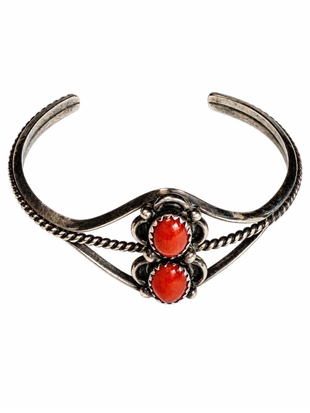 Sterling Silver Red Coral Double Stone Cuff Bracelet